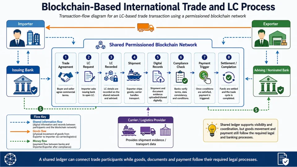 Transaction-flow diagram explaining how an importer, exporter, banks and carrier can use a permissioned blockchain for an LC-based international trade transaction.