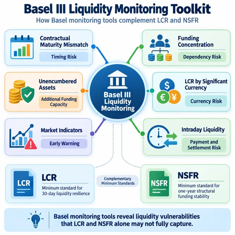 Concept map showing how Basel liquidity monitoring tools complement LCR and NSFR by identifying timing, concentration, collateral, currency, market and intraday risks.