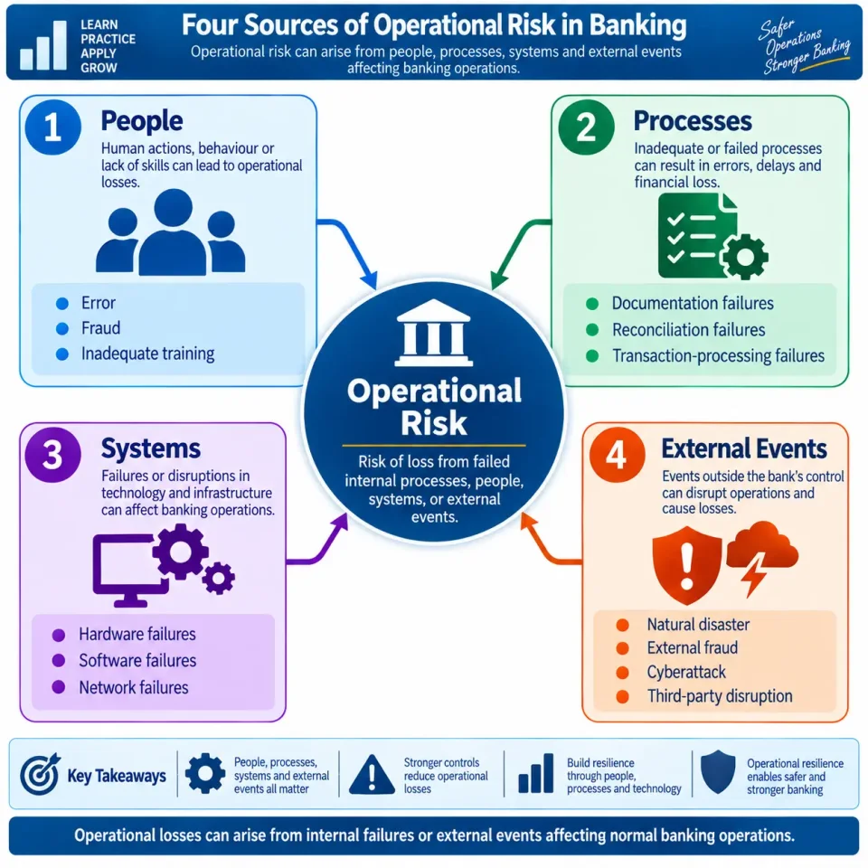 Concept map explaining the four major sources of operational risk in banking: people, processes, systems and external events.